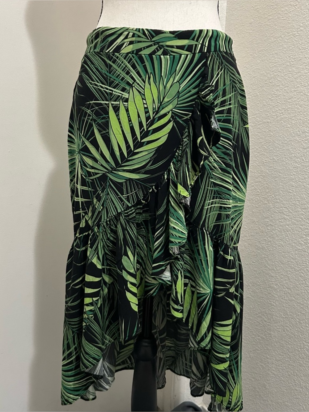 Milk & Honey Tropical Palm Print Ruffle Faux Wrap High-Low Maxi Skirt Size L - Picture 4 of 7